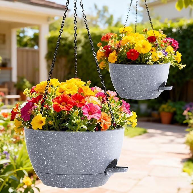 SQKH 10 Inch Hanging Baskets 2 PC with Chains, Self-Watering Hanging Planters for Indoor Outdoor Plants, Plastic Hanging Flower Pots,Speckled Grey