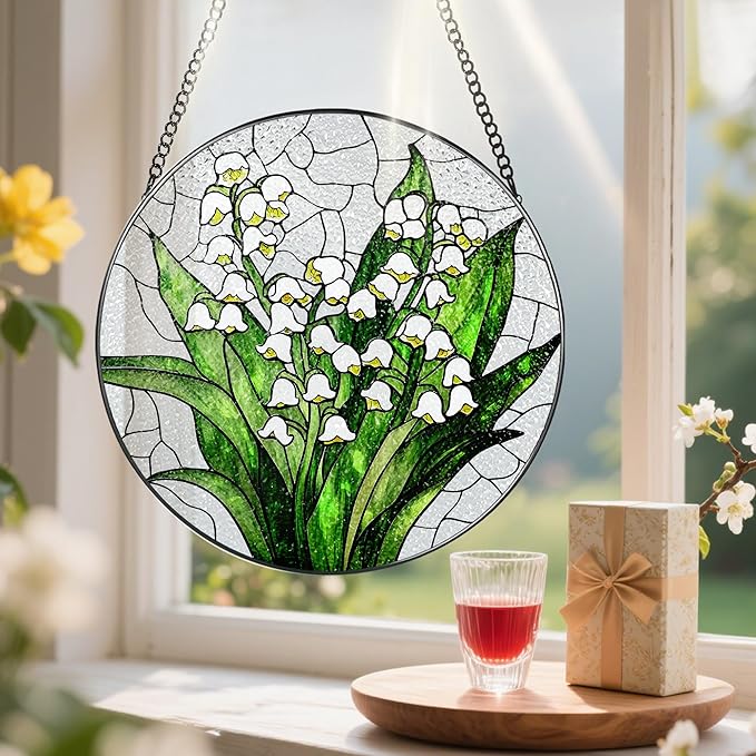 Lily of The Valley Flower Stained Glass Suncatcher, Stained Glass Window Hanging, 8 Inch Green Plants Suncatcher Decor, Gifts for Mother's Day, Mom Gift, Grandma Gift, Gifts Idea