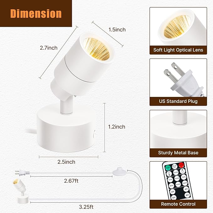 LED Spot Lights Indoor, 5W Uplighting with Remote Control Dimmable & Timer, Uplights Indoor Floor Spotlights with 3 CCT, Accent Lighting Stick on Wall Light for Plants Picture Artwork, White