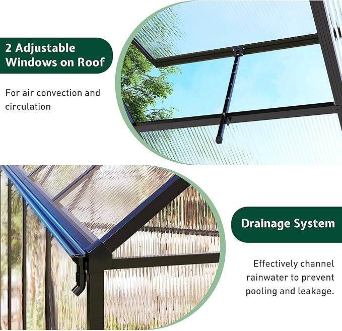 Jocisland 8x12Ft Polycarbonate Greenhouse, Heavy Duty Aluminum Frame with 2 Windows & Swing Doors, Outdoor Garden Greenhouses for Backyard, Black