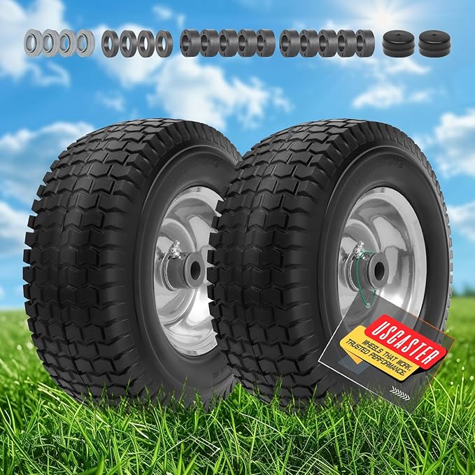 13x5.00-6 Tire and Wheel Flat Free Assemblies (2 Pack),13 x5x6 Solid Rubbe Tires and Wheel for Riding Lawn Mower - With 3/4" Bushings (Extra 5/8" Bushings) and 3" Centered Hub (Gray)
