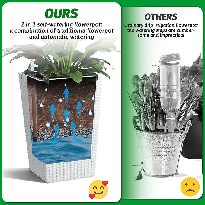 16 Inch Tall Planter Set of 2 Large Rattan Flower Pot with 2 Trays & a Water Level Monitor & Wheels Outdoor and Indoor for Patio, Porch, Living Room, or Home Office, White