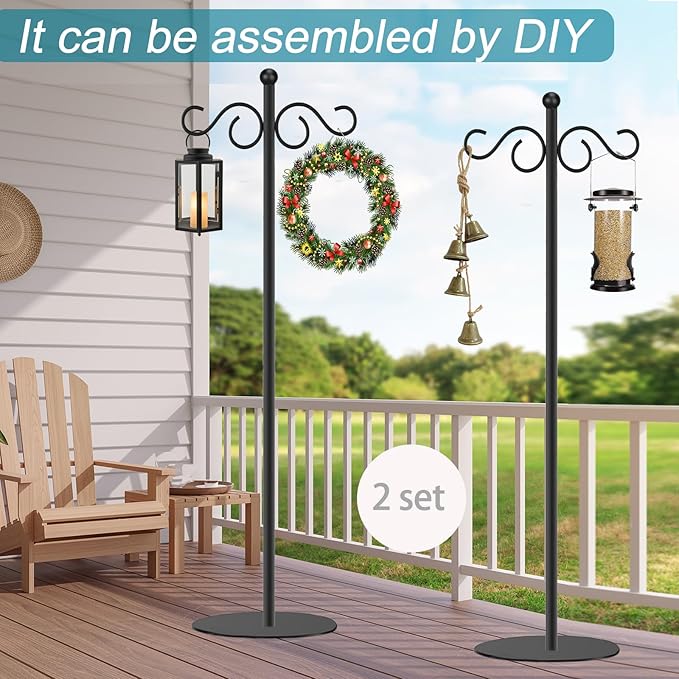 Vorriop 2 Set Shepherd's Hook Stand Plant,Bird Feeder,Wind Chime Hanger Stand, Waterproof Metal & Adjustable-Height Standing Pole Holder for Lantern and Wreath, Indoor & Outdoor