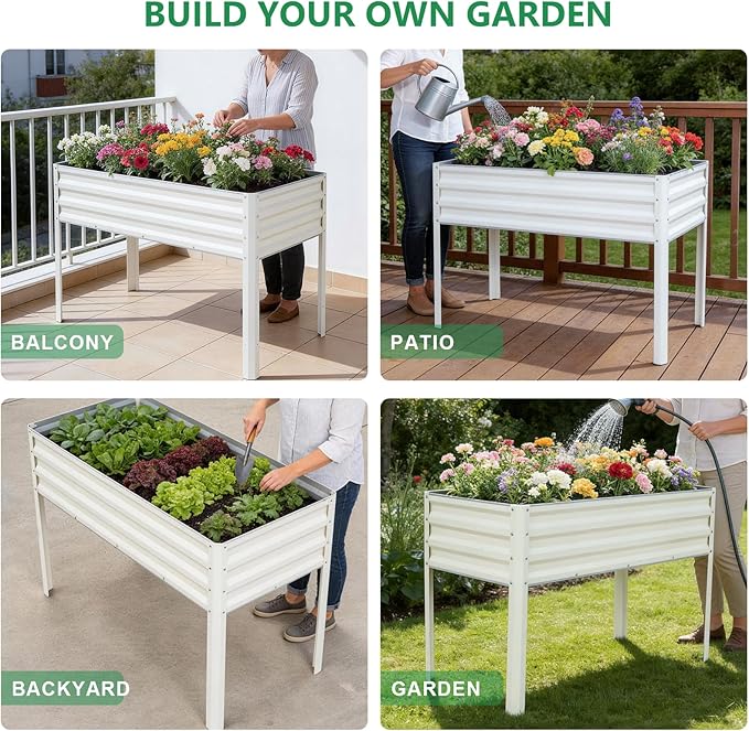 Elevated Raised Garden Bed with Legs, 48x24x32in Galvanized Planter Box Outdoor with Drainage Holes, Large Metal Raised Beds for Gardening Vegetables Herbs, Backyard, Patio, Balcony, White