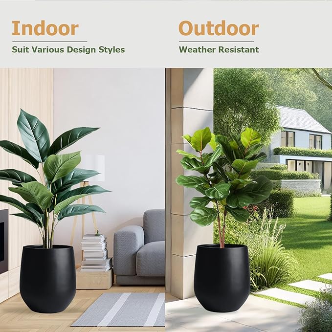 KUTE NEST 16.5" H x 15" D Corso Fiberstone Round Tapered Planter with Drainage Hole, Smooth Finishes, Weather Resistant for Indoor & Outdoor Use, Included 2 Extra Coco Mats (Black, 11.5" Pot Opening)