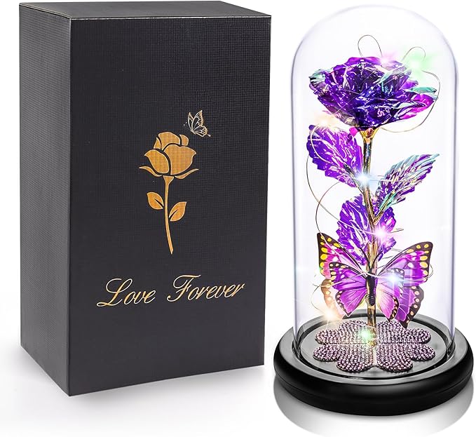 Valentines Day Rose Gifts for Her Women Birthday Gift Galaxy Glass Rose in Glass Dome Forever Eternal Crystal Flowers with Butterfly Valentines Day Gifts for Women Daughter Mom Wife Girlfriend Purple