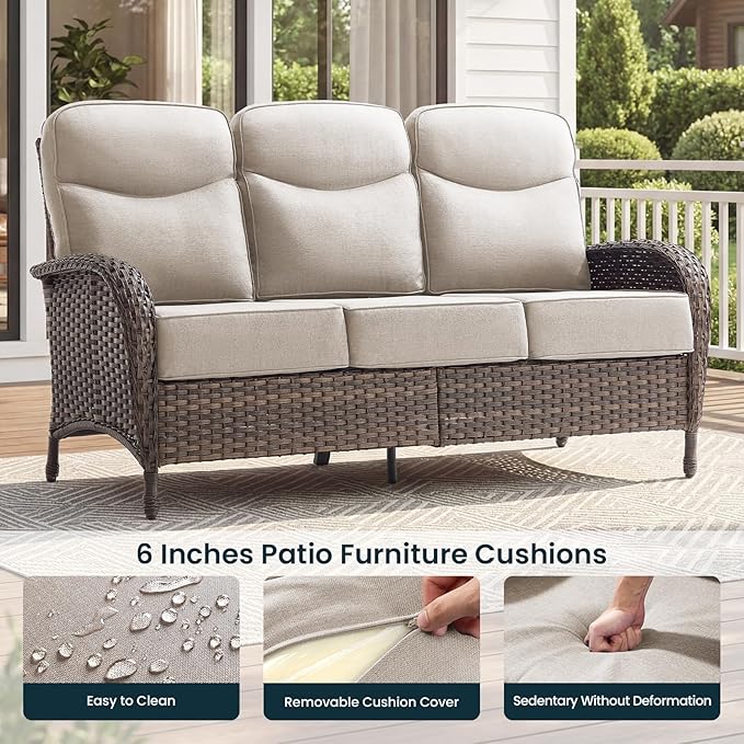 High Back Luxury Patio Furniture Set with 6-inch Thick Cushion, Swivel Rocker Patio Chairs with Outdoor Couch, 7 Piece Wicker Conversation Set for Deck Yard Garden Balcony Beige