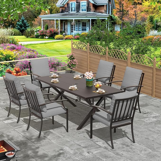 7-Piece Patio Dining Set Outdoor Conversation Set,Metal Outdoor Furniture Set with Umbrella Hole Cut-Out 78.7" x 35.4" Table and 6 Metal Backrest Chairs for Backyard,Garden,Grey