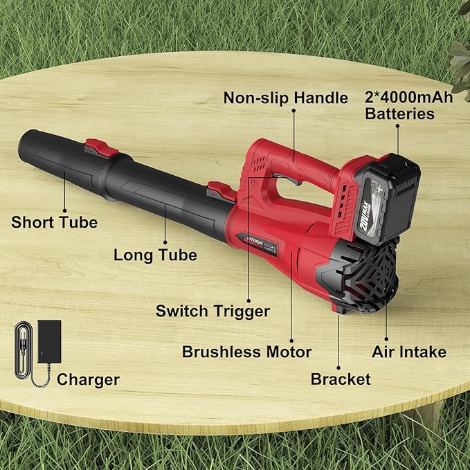 Leaf Blower Cordless with 2 x 4.0Ah Battery and Charger, 160MPH/580CFM High Power Lightweight Handheld Electric Snow Blower with 2 Extended Tubes for Lawn,Yard Garden, Leaves, Dust, Snow Care (Red)