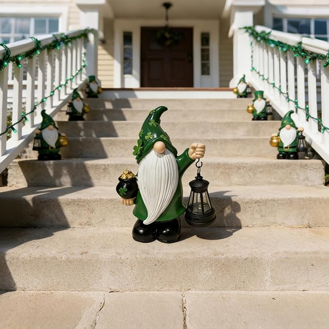St Patrick's Day Gnome Decorations Outdoor, Solar Leprechaun Decor with Pot of Gold, Resin Figurine with Shamrocks & Solar Light for Garden Patio, Holiday Gift for Luck and Fortune