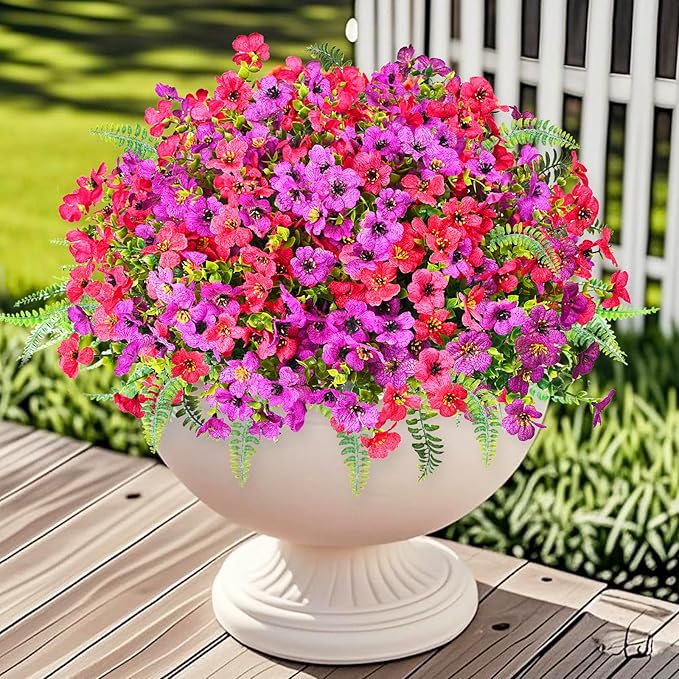 Pinenoya Artificial Faux Plants Flowers Outdoor Decoration,16 Bundles Fake Silk Colorful Daisy Eucalyptus Realistic UV Resistant for Outside Home Planter Porch Patio Yard Decor (Purple Red)