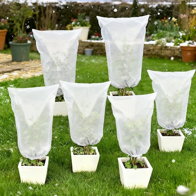 Plant Covers Freeze Protection, 5 Pack Frost Covers with Zipper Drawstring (31.5" x 47.3") Plant Protection Cover Bags for Outdoor Winter Frost Cold Weather Shrubs Trees Jacket Covers, White
