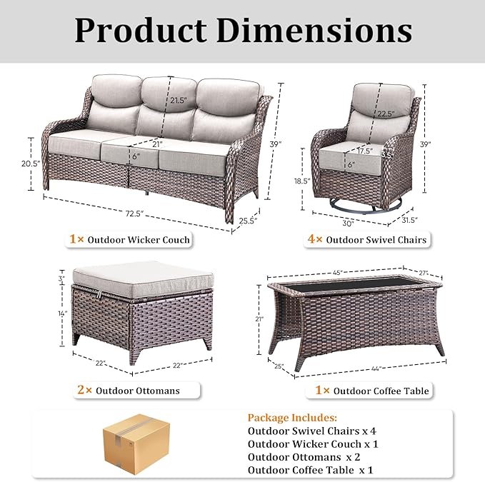 Luxury High Back Patio Furniture Set with 6-Inch Thick Cushions, 8-Pieces Outdoor Furniture with Swivel Chairs, Wicker Conversation Set for Porch, Balcony, Deck and Yard, Brown/Beige