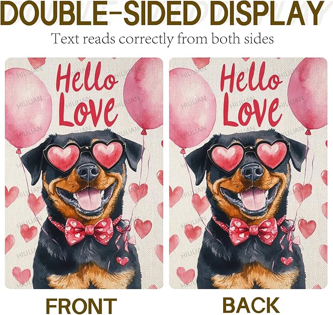 Valentine's Day Rottweiler Hello Love Garden Flag, House Yard Plaid Love Heart Outside Decoration, Spring Holiday Wedding Anniversary Outdoor Small Decor 12x18(12635)