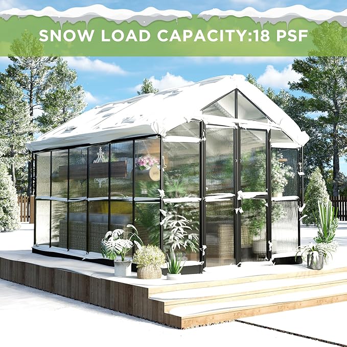 HOWE 8x12x7.5 FT Polycarbonate Greenhouse Double Swing Doors 4 Vents 5.2FT Added Wall Height, Walk-in Large Aluminum Sunroom Winter Greenhouse for Outdoors, Black