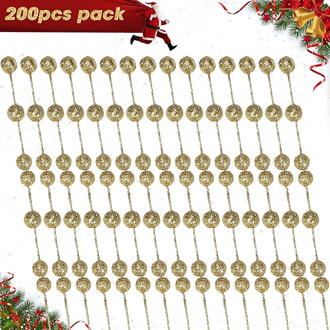 Syhood 200 Pcs Glitter Berry Stems, 13.8 Inches Christmas Berry Picks Holly Branches for Christmas Tree Decorations, Holiday Ornaments Home Decor and DIY Crafts(Gold)