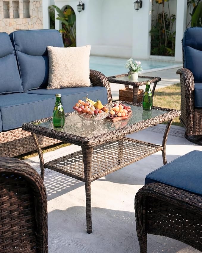 Belord Upgraded 6“ Cushion Luxury Patio Furniture Set with Fire Pit Table - 7 Piece Wicker Furniture Set with High Back Swivel Rocker Patio Chairs, Conversation Set for Deck Porch Yard - Brown/Blue