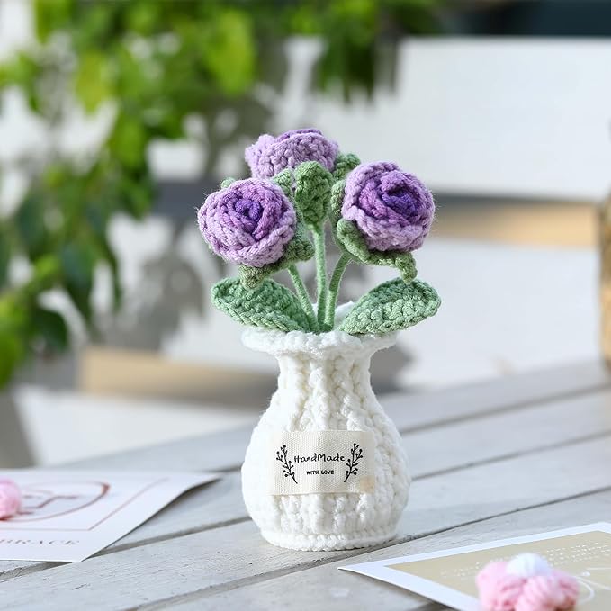 YOOJEE Crochet Rose Flower Potted Plant – Purple, Valentines Day Gift for Her, Handmade Knitted Romantic Desk Decor