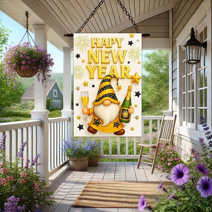 Happy New Year House Flag 28x40 Inch Double Sided Garden Flag Gold Gnome Champagne and Star Design Winter Holiday Yard Banner Large Outdoor Polyester Flag for Porch Lawn Home Decoration