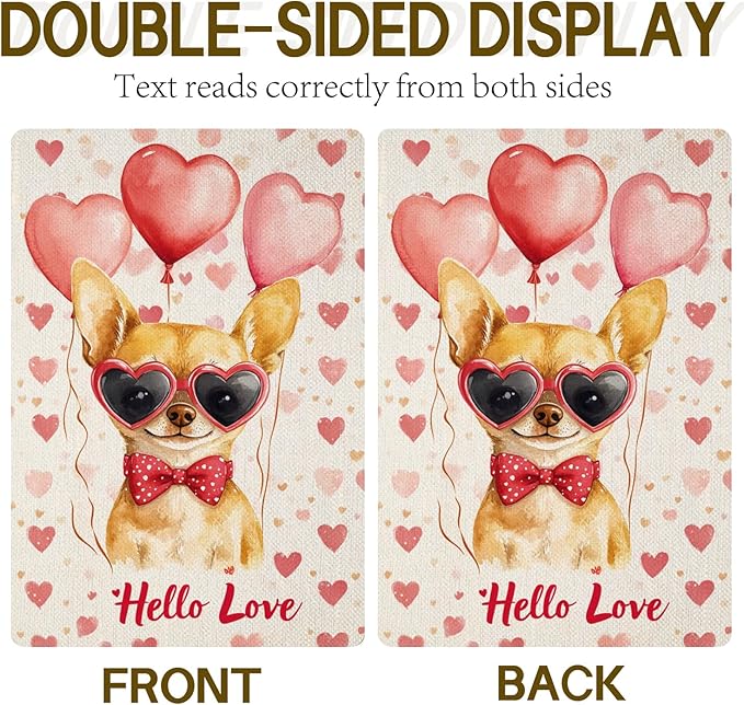 Valentine's Day Chihuahua Hello Love Garden Flag, House Yard Plaid Love Heart Outside Decoration, Spring Holiday Wedding Anniversary Outdoor Small Decor 12x18(12642)