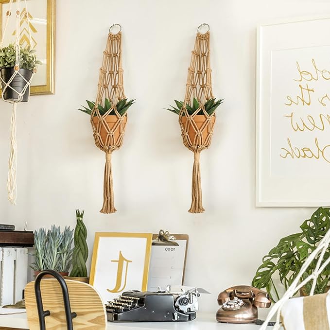 Artilady Hanging Planter for Indoor Plants Macrame Plant Hanger Large Hanging Plant Holder Brown Plants Basket White Rope Boho Original Wall Decor (Brown Plant Hanger)