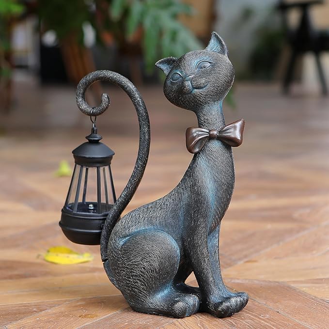 Whimsical Outdoor Cat Statues with Solar Garden Light:Cat Garden Statues for Outside Fall Decor Clearance,Outdoor Figurine for Yard Art Lawn Ornaments Patio Balcony Home House - Birthday Gifts for mom