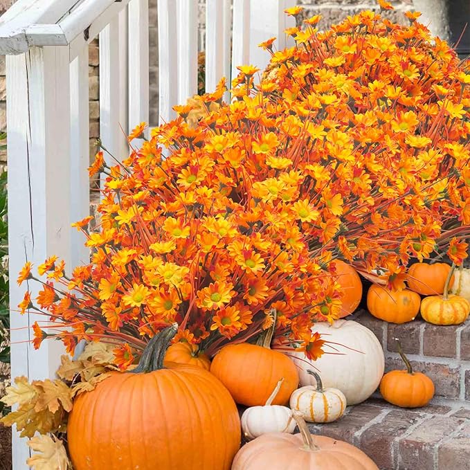 10 Bundles Artificial Flowers Outdoor Fake Fall Flowers for Outside Decoration UV Resistant Plastic Faux Plants for Garden Window Porch Balcony Fall Wedding Thanksgiving Decor