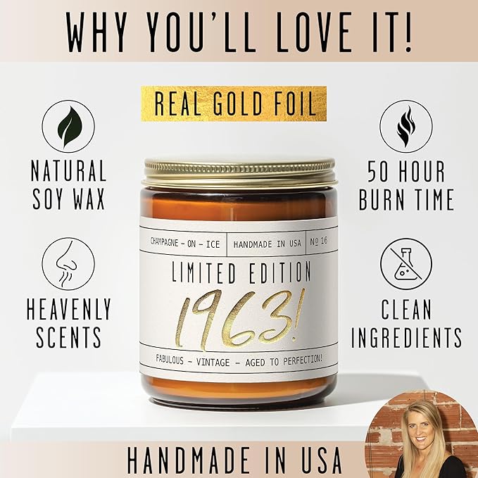 63rd Birthday Gifts for Women - 'Limited Edition 1963' Soy Candle, w/Champagne on Ice I 63rd Birthday Gift for Her Ideas I 9oz Reusable Jar, 50Hr Burn, Made in USA