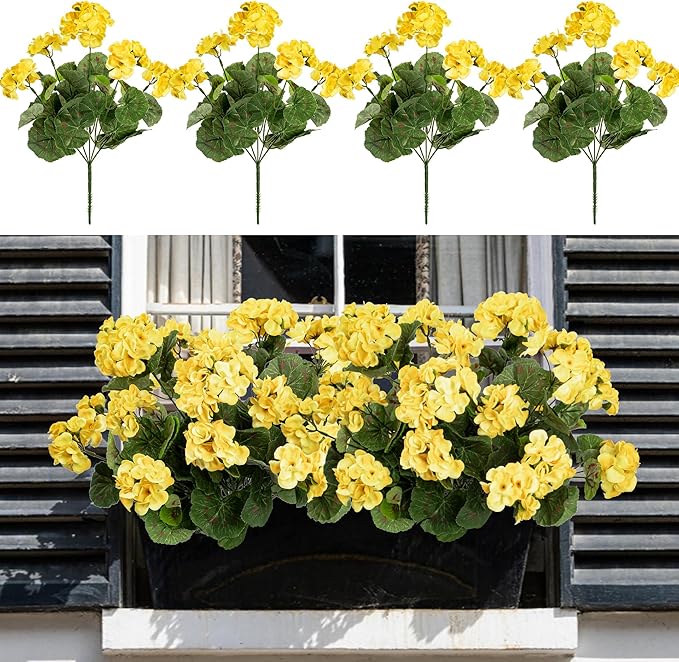 Uqueeten 4PCS Fake Flower Artificial Geranium,Artificial Flowers for Outdoors, Geraniums Artificial Flowers Realistic,Artificial Geraniums for Outdoors Fake Plant Decoration((Yellow) 14.4"