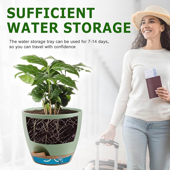 Self-Watering Plant Pots with Water Level Indicator, Drainage Holes & Saucers โ 12/10/9 Inch Large Plastic Planter Set for Indoor & Outdoor Plants (Green)