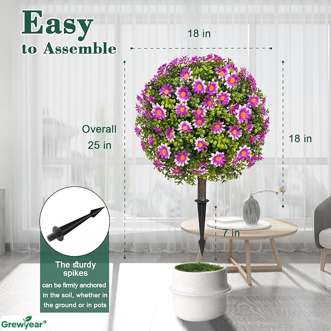 Faux Outdoor Plants - 18" Wide Set of 2 Artificial Boxwood Plants Outdoor, UV Resistant Artificial Topairy Ball Trees with Spike for Outdoor Decor