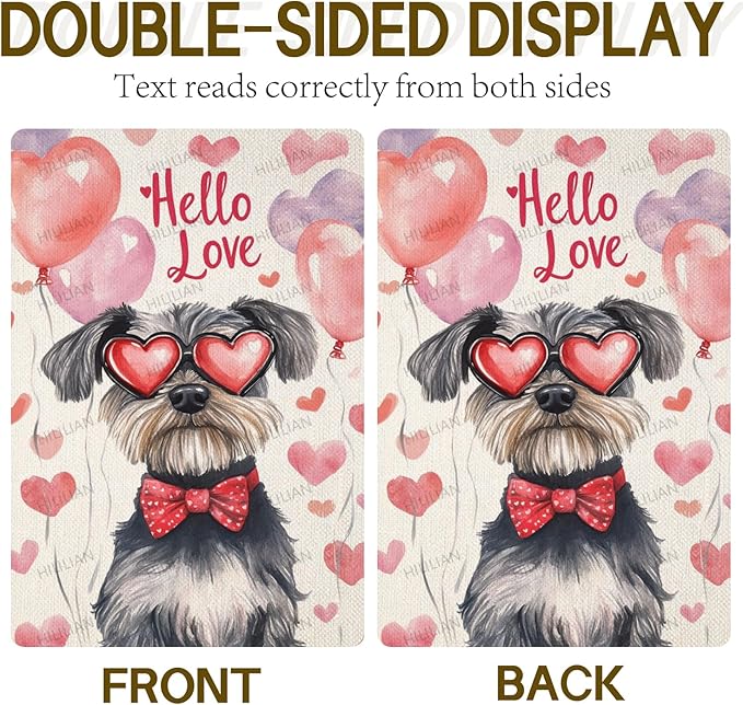 Valentine's Day Schnauzer Hello Love Garden Flag, House Yard Plaid Love Heart Outside Decoration, Spring Holiday Wedding Anniversary Outdoor Small Decor 12x18(12619)