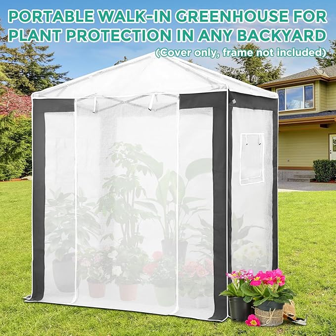 EAGLE PEAK Replacement Cover for 6x4 Portable Pop up Greenhouse with Polyester Reinforced Corners, Front Roll-Up Zipper Entry Door and 2 Roll-Up Side Windows (Frame Not Included), Gray/White
