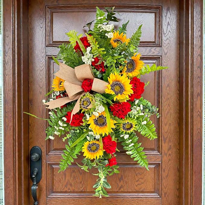 Orange Yellow Dahlia Faux Floral Swag for Front Door Spring Wreath Porch Decor - Spring Front Door Swag Teardrop Butterfly Floral Arrangement -