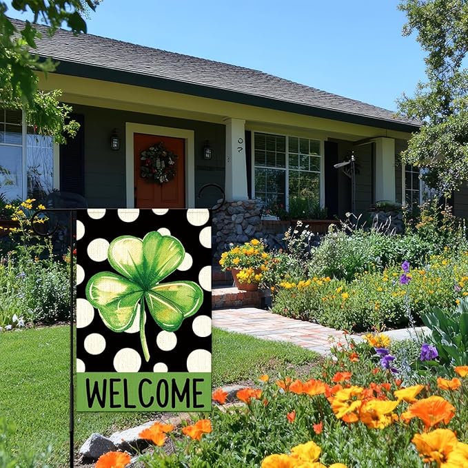St Patricks Day Welcome Garden Flag 12x18 Inch Double Sided,Shamrock Polka Dots Outdoor Irish Decor House Porch Flag for St Patrick's Day Party and Yard Decorations