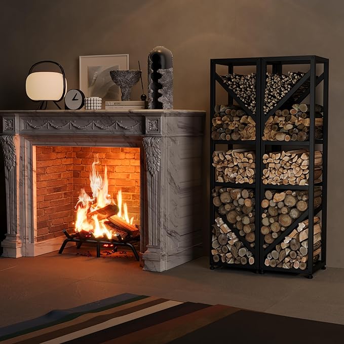 47 Inch Tall Indoor Firewood Rack Outdoor, 5-Tier Functional Fireplace Log Holder, Heavy Duty Metal Firewood Storage Rack, Decorative Log Organizer, Anti-Rust Coating, Adjustable Pads