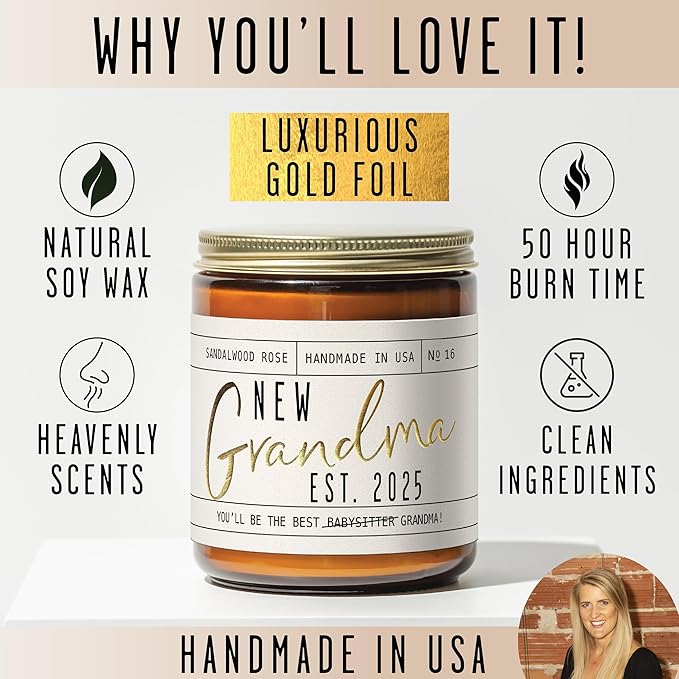 New Grandma Gifts First Time - 'New Grandma 2025' Candle, w/Sandalwood Rose I First Time Grandma Gifts I Promoted to Grandma Announcement I Grandma to Be I New Grandmother Gift I 50hr Burn, USA Made