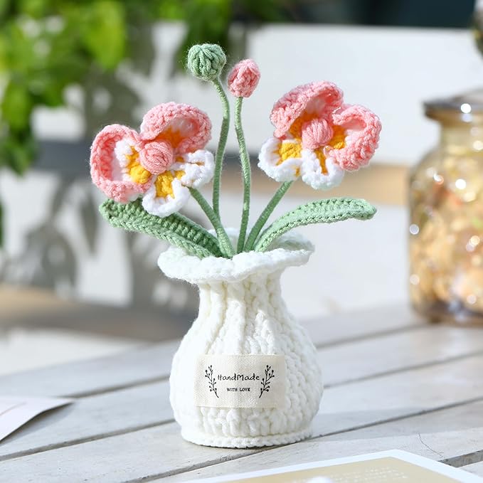 YOOJEE Orchid Crochet Flower Pot Blush Pink Handmade Knitted Phalaenopsis Desk Decor for Home Office