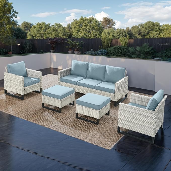 Rilyson Wicker Outdoor Patio Furniture Set - 5 Piece Patio Conversation Set with 2 Wicker Armrest Chairs,2 Rattan Ottoman and 1 Couch for Outside Porch Deck Backyard Garden(Light Grey/Sky Blue)