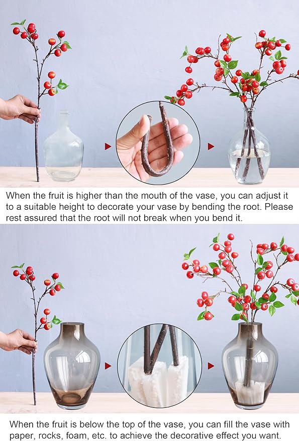 Forlaoers Like Natural 4Pcs 21.6 Inch Faux Berries Artificial Berry Branches Fruits Artificial Flowers for Christmas Home Decorations Living Room Table Vase Decor Office Gifts Indoor