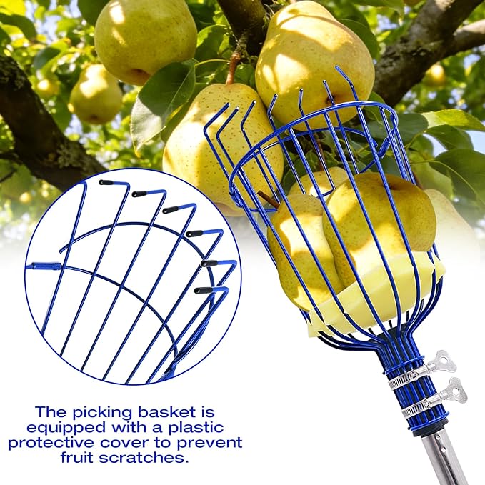 Fruit Picker Tool with Basket, 35-129 Inch Adjustable Long Handle Fruit Picking Pole - for Harvesting Lemon Avocado Apple Mango Pear Orange & Tall Tree Fruits