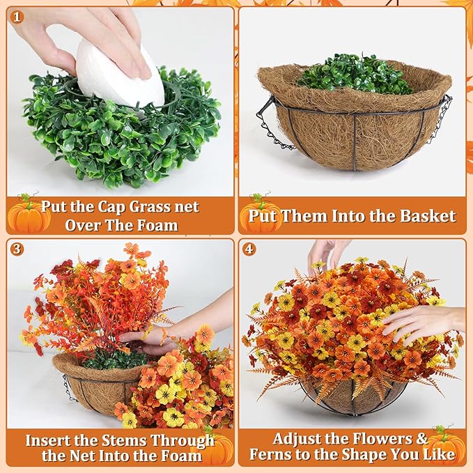 Artificial Fake Hanging Baskets Fall Flowers for Outdoors Decoration, 189 Silk Mums & 54 Boston Ferns UV Resistant Look Real Faux Plants for Outside Yard Patio Porch Garden Balcony Home Autumn Decor