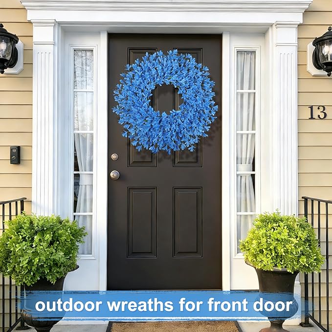 26 Inch Spring Wreaths for Front Door Large Easter Valentines Forsythia Floral Summer Spring Door Wreaths Outdoor All Season Spring Decorations for Home Porch Room Window Wall Farmhouse Decor (Blue-R)