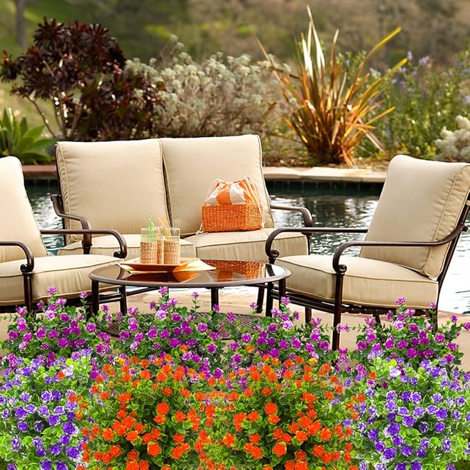 Grunyia 10 Bundles Artificial Fake Flowers, Faux Outdoor Plastic Plants UV Resistant Shrubs Outside Indoor Decorations (Orange-Eucalyptus)