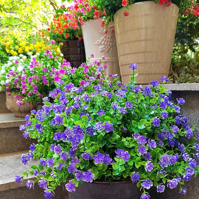 Grunyia 12 Bundles Artificial Flowers for Outdoors, UV Resistant Fake Flowers with Plastic Plants, Faux Flowers for Outside Window Box Front Porch Hanging Planter Decor (Purple)