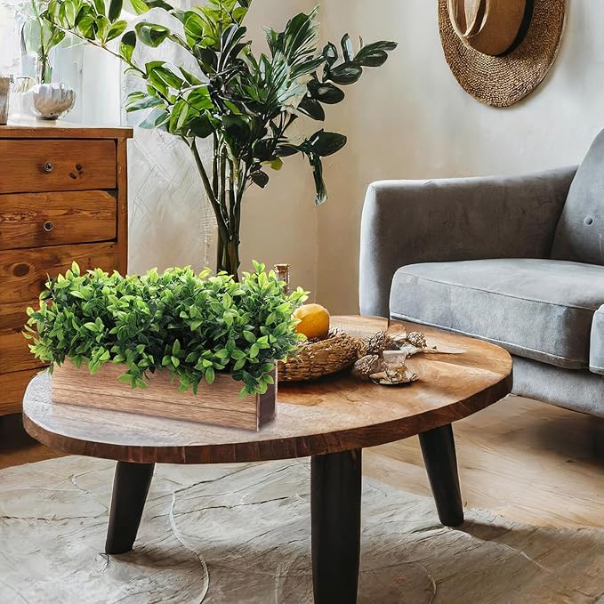 Lyrow 2 Pack Artificial Eucalyptus Plant in Rectangular Rustic Wooden Planter Box Faux Potted Herb Plant Table Centerpiece for Kitchen Windowsill Shelf Decor (Brown,16 '')