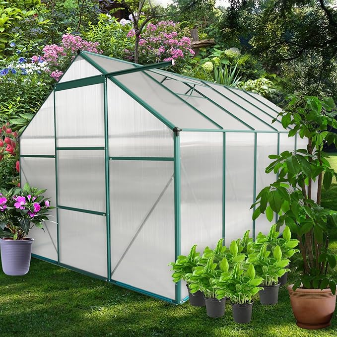Favfurish 6x12 FT Greenhouse, Outdoor Polycarbonate Hot House, Garden Plants Green House with Raised Base, Sliding Door and Adjustable Vent Roof for Outdoor Patio, Green