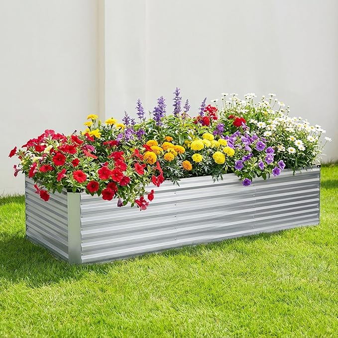 8x3x2FT Galvanized Raised Garden Bed, Outdoor Metal Raised Planter Box for Vegetables, Elevated Rust-Resistant Rectangle Gardening Container Kit with Reinforced Panels for Backyard, Patio(Silver)