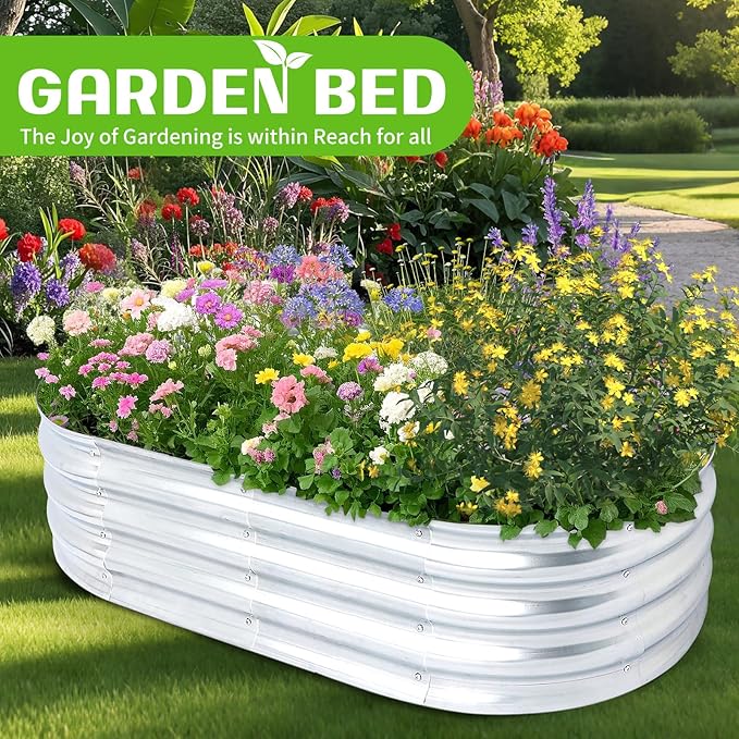 Raised Garden Bed, Galvanized Raised Garden Beds Boxes, Oval Metal Planter Gardening Box for Outdoor Plants Vegetables Flower Herb