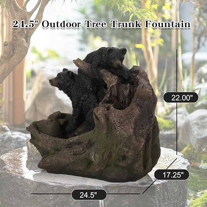 22'' Outdoor Bear Fountain with LED Lights – Wildlife Water Feature for Garden, Patio, Yard, or Porch – Durable Polyresin Animal Waterfall Decor – Rustic Brown & Black Finish